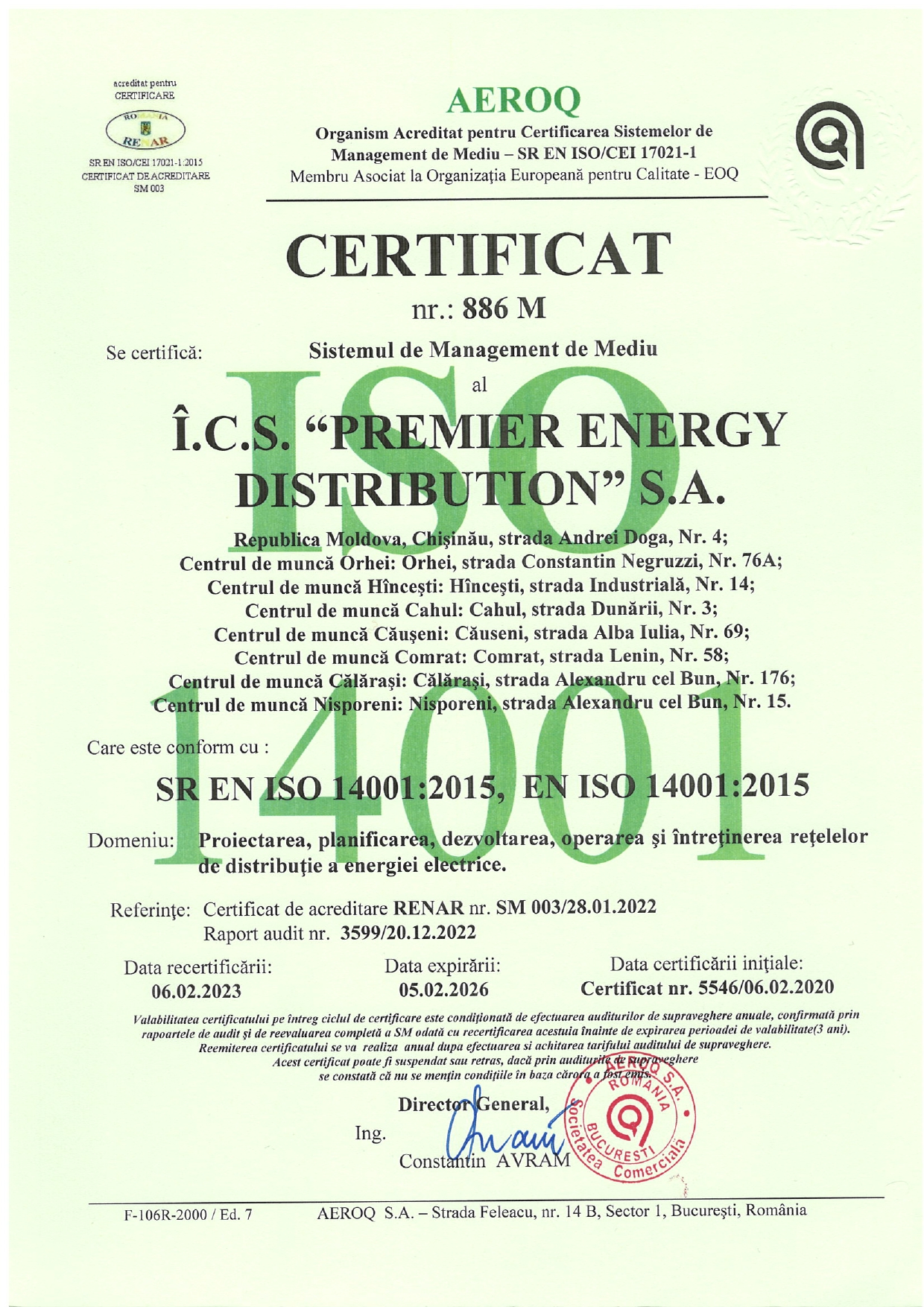 Certificat de Management al Calității ISO 9001:2015 I.C.S. Premier Energy Distribution S.A.